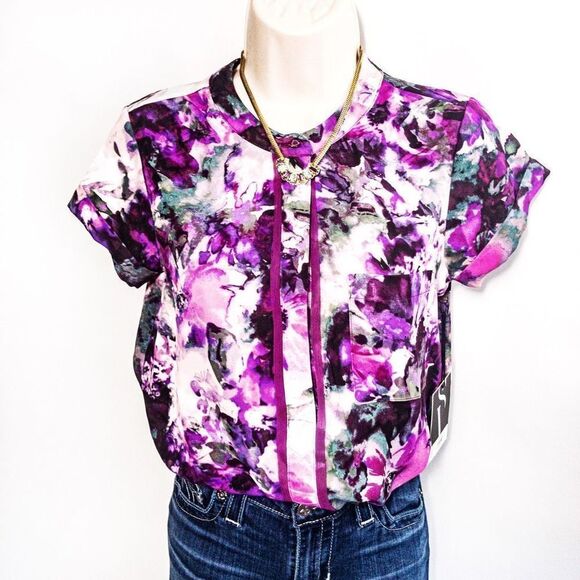 NWT Simply Vera Wang Silky Violet Florals Blouse Sz XS - Picture 3 of 10
